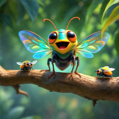 The primary subject of the image is a large, colorful, and happy-looking beetle, which is sitting on a tree branch. The setting is a lush green forest, with a background of trees and plants. The visual style is a combination of photo and digital art, creating a vibrant and engaging scene. The colors and mood of the image are predominantly green and cheerful, reflecting the natural beauty of the forest and the beetle's joyful demeanor.